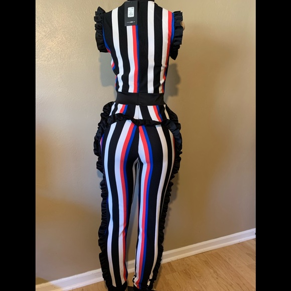 Fashion Nova Kayla size S blue black combo striped jumpsuit ruffled trim - Picture 2 of 7